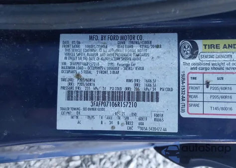 2006 Ford Fusion Se from USA, damaged, VIN 3FAFP07106R157210